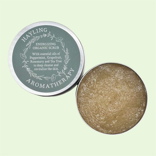 Organic aromatherapy energising scrub with essential oils of Peppermint Grapefruit Rosemary Tea Tree natural oils, butters, sugar and walnut shell