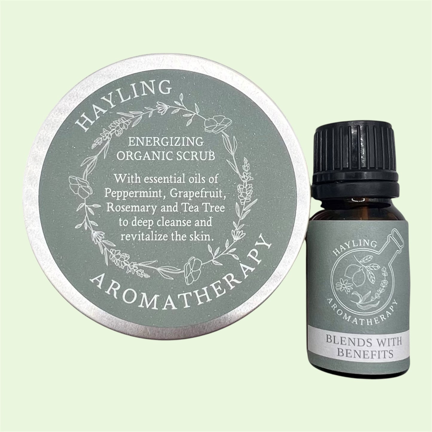 Organic aromatherapy energising scrub with essential oils of Peppermint Grapefruit Rosemary Tea Tree natural oils, butters, sugar and walnut shell