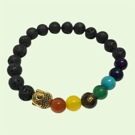 Lava bead aromatherapy bracelet. With Buddha charm and chakra colour theme beads.